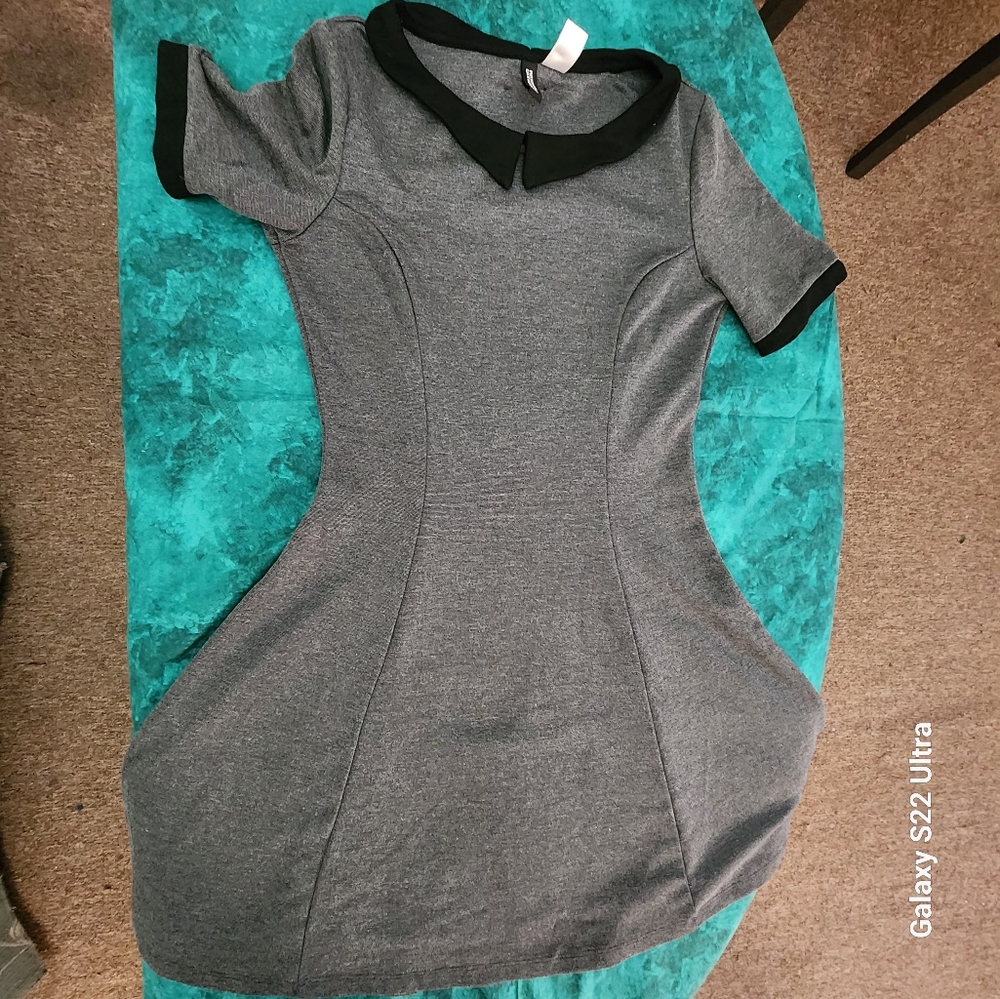 Sz 8 Whimsy Gray Dress Black Peter Pan Collar Swing Hem Preppy Skater Pixie Emo